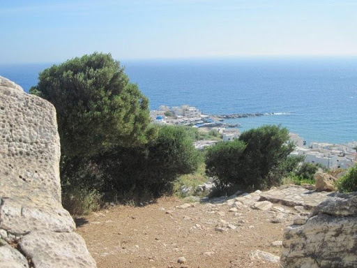 View of beach town, Apollona, from kouros ancient site